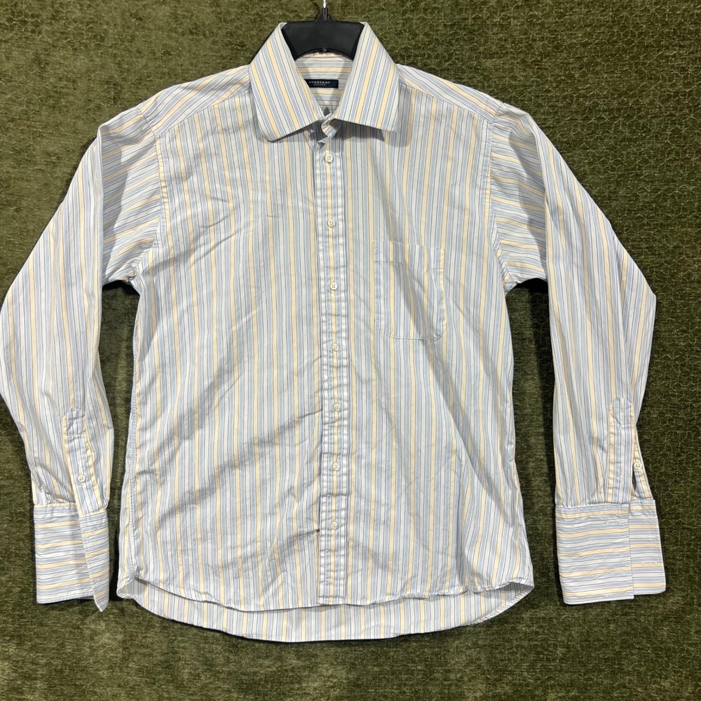 Burberry London Button Down Shirt Mens 16L Blue Striped French Cuff Cotton